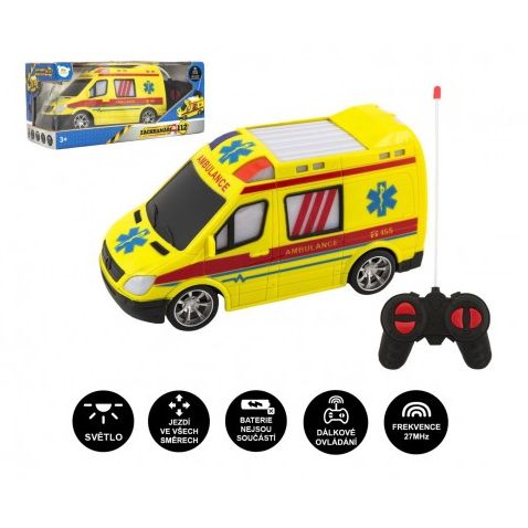 Auto RC ambulance plast 20cm na dálkové ovládání 27MHz na baterie se světlem v krabici 28x13x11cm 
