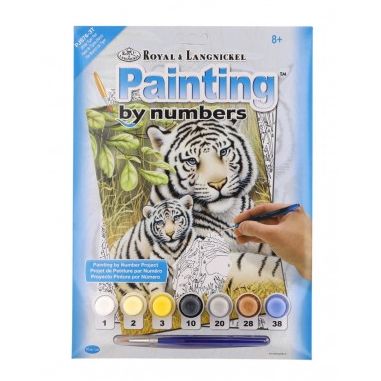 Malování podle čísel Bílí tygři 22x30cm s akrylovými barvami a štětcem na kartě 