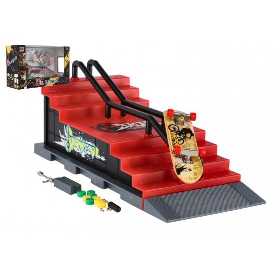 Skatepark - skateboard prstový šroubovací s rampou plast 8cm s doplňky mix druhů v krabici 28x18cm 